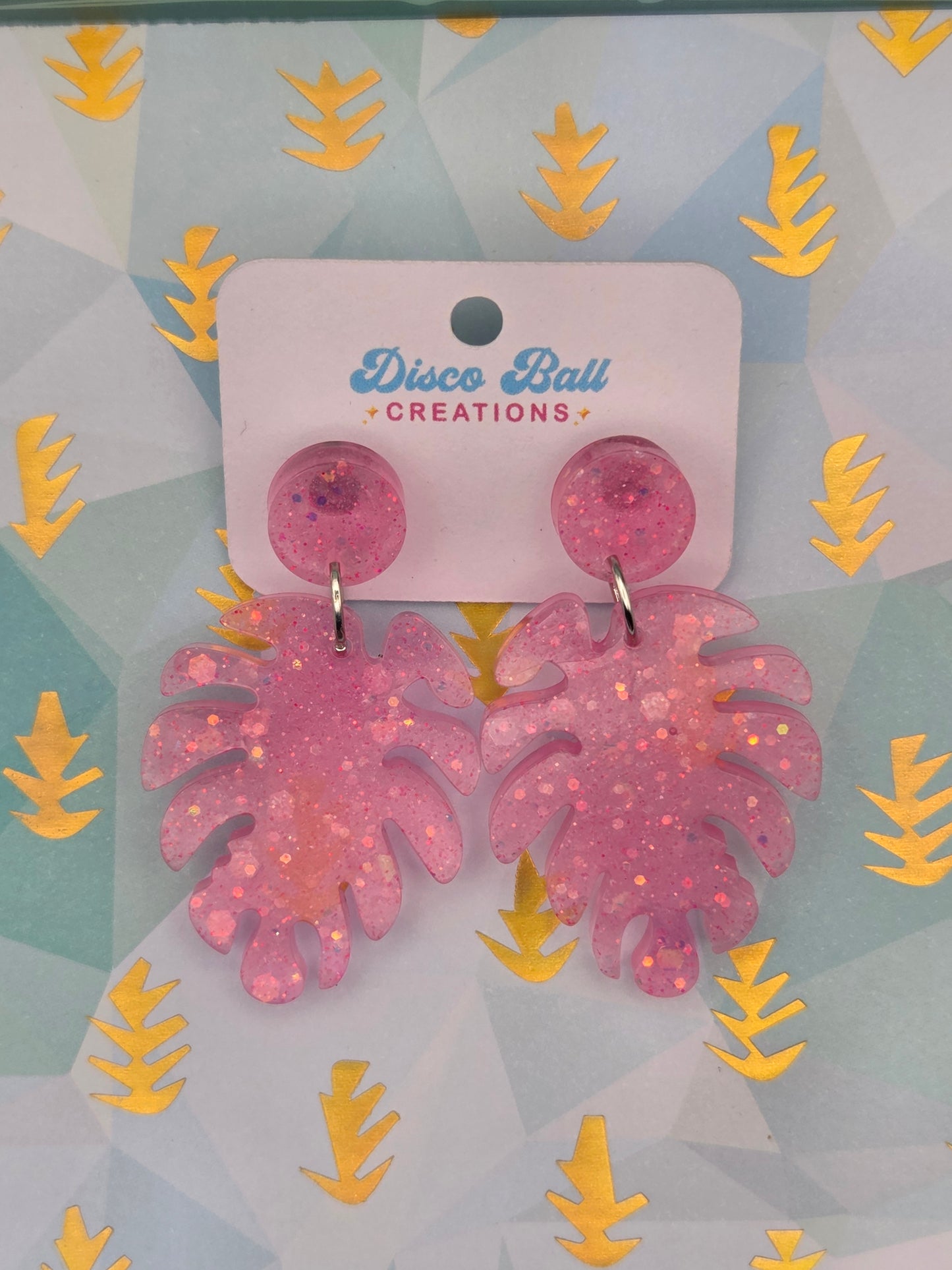 Pink Glitter Monstera Leaf Earrings – Tropical Resin Statement Studs