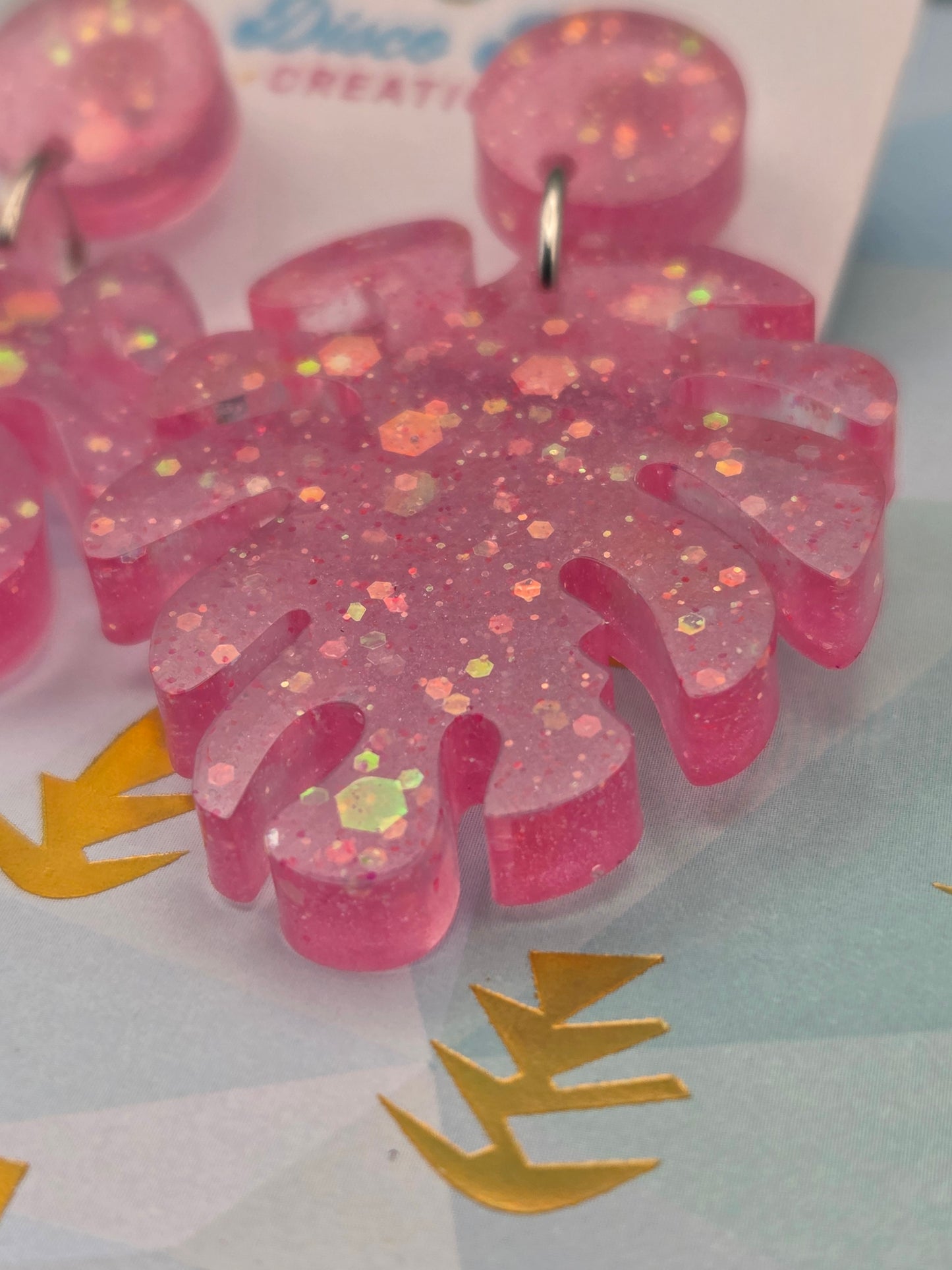 Pink Glitter Monstera Leaf Earrings – Tropical Resin Statement Studs