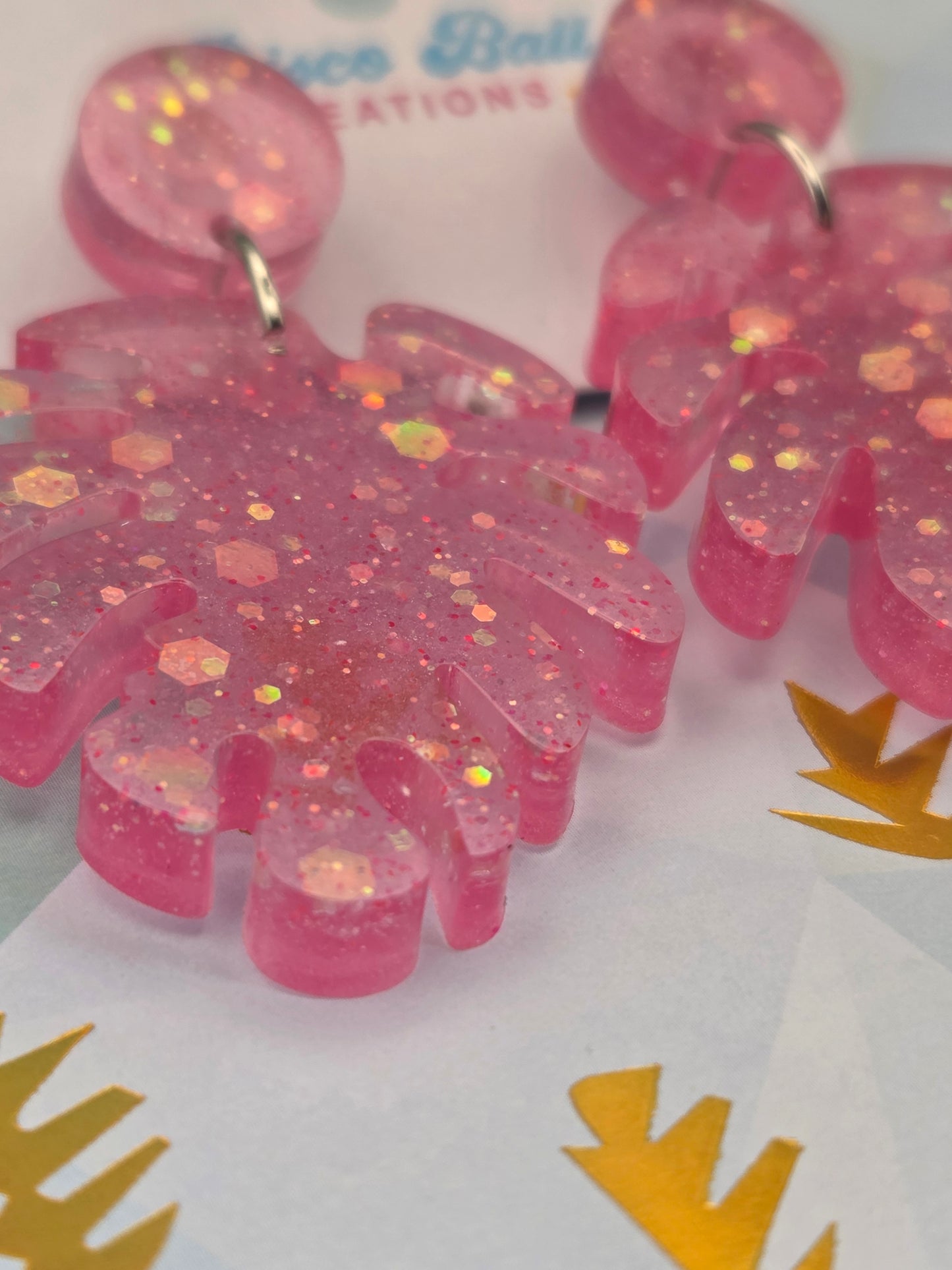 Pink Glitter Monstera Leaf Earrings – Tropical Resin Statement Studs
