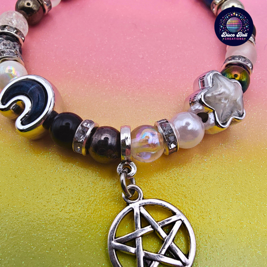 Celestial Pentagram Charm Bracelet – Witchy Whimsigoth Beaded Jewellery with Crescent Moon & Star