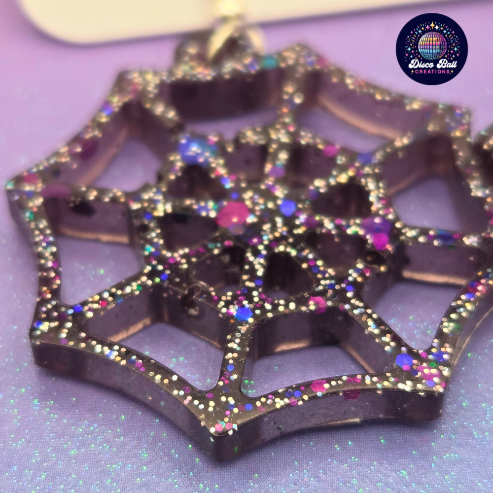 Sparkle Spiderweb Earrings | Gothic Glitter Resin Jewellery | Handmade Halloween Accessories