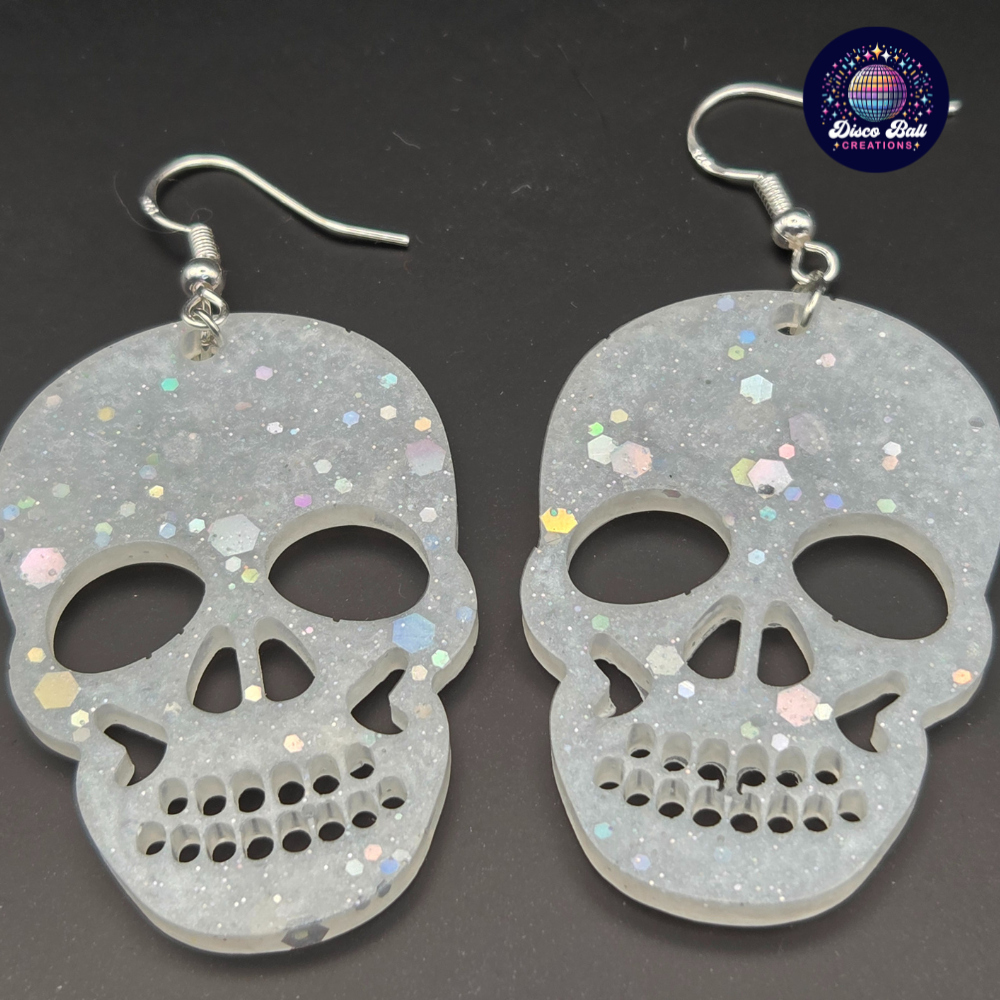 Glitter Skull Earrings | Spooky Gothic Resin Jewellery | Handmade Halloween Accessories