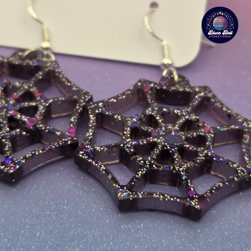 Sparkle Spiderweb Earrings | Gothic Glitter Resin Jewellery | Handmade Halloween Accessories