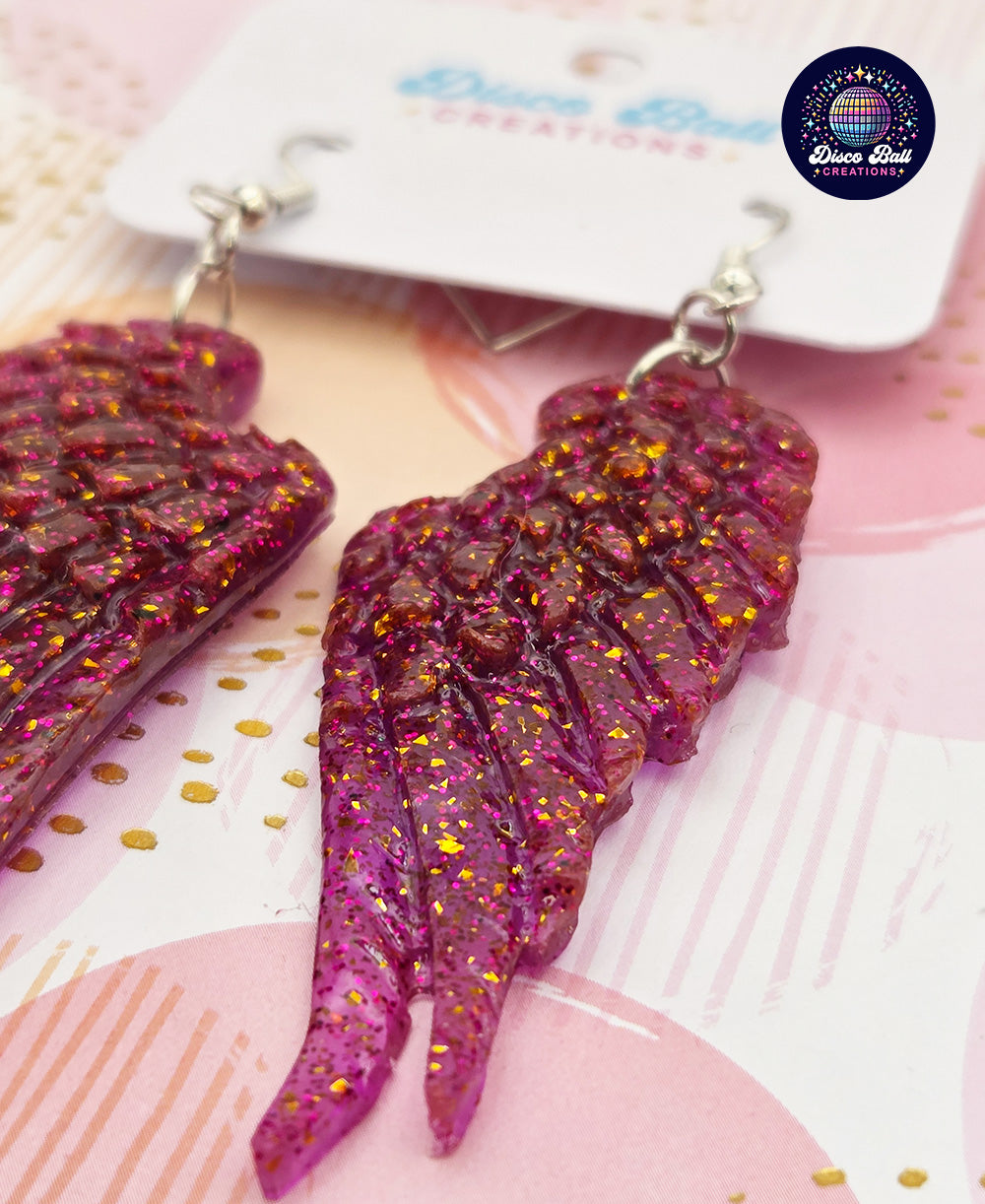 Glitter Angel Wing Earrings – Handmade Sparkly Statement Jewellery