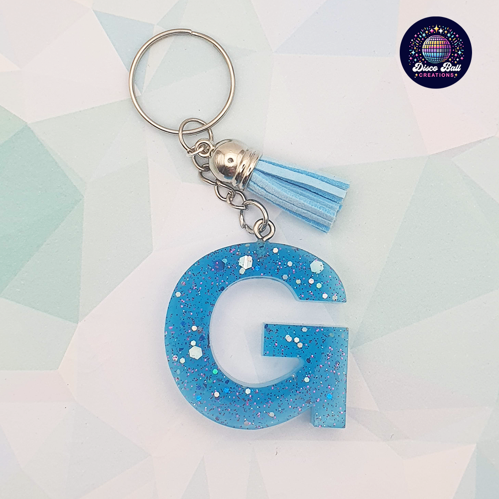 Glitter Resin Initial Keyring A–F | Personalised Letter Keychain with Charm | Handmade Gift