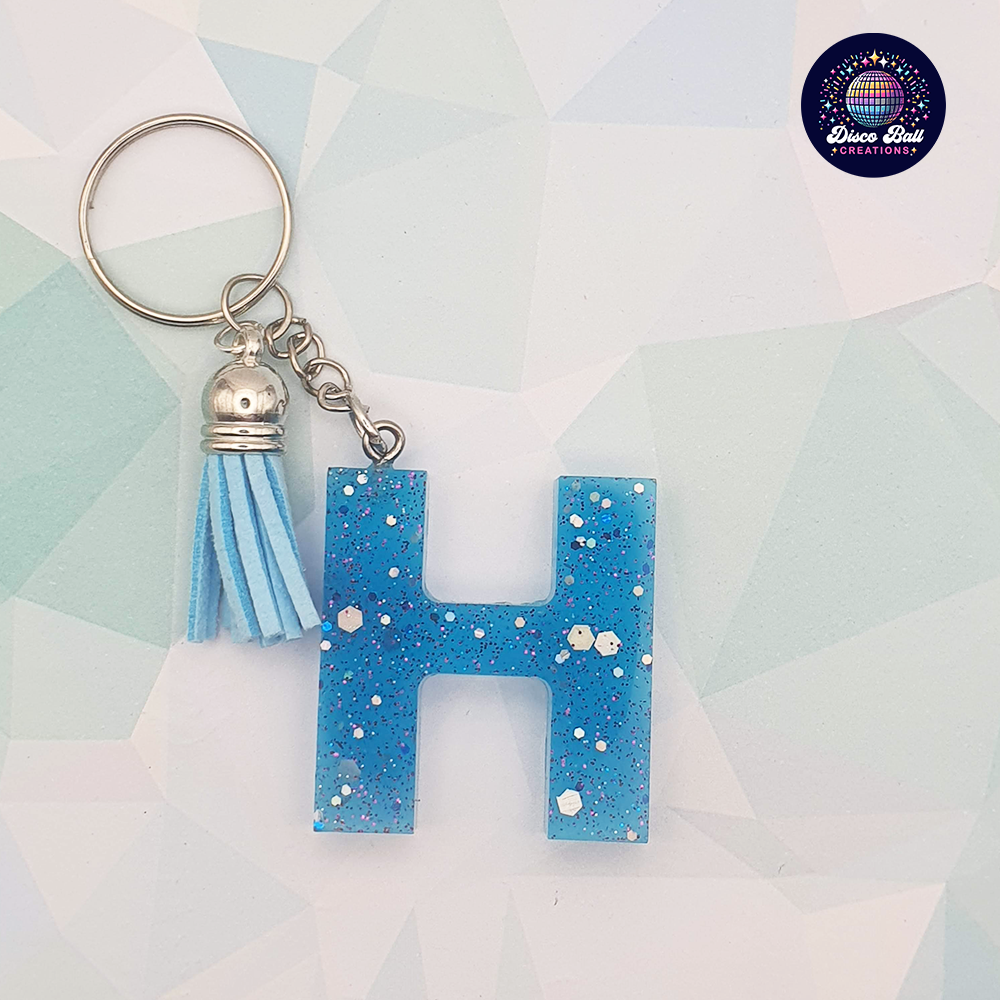 Glitter Resin Initial Keyring A–F | Personalised Letter Keychain with Charm | Handmade Gift