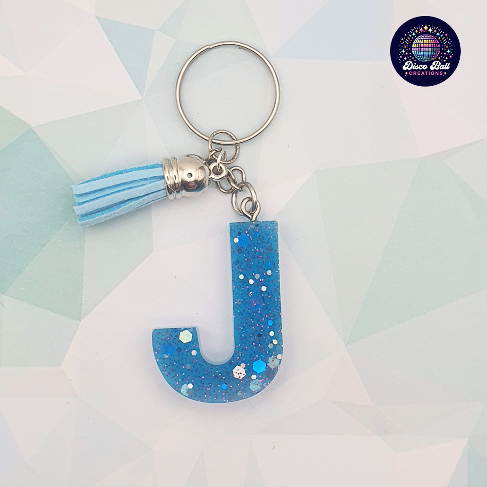 Glitter Resin Initial Keyring A–F | Personalised Letter Keychain with Charm | Handmade Gift
