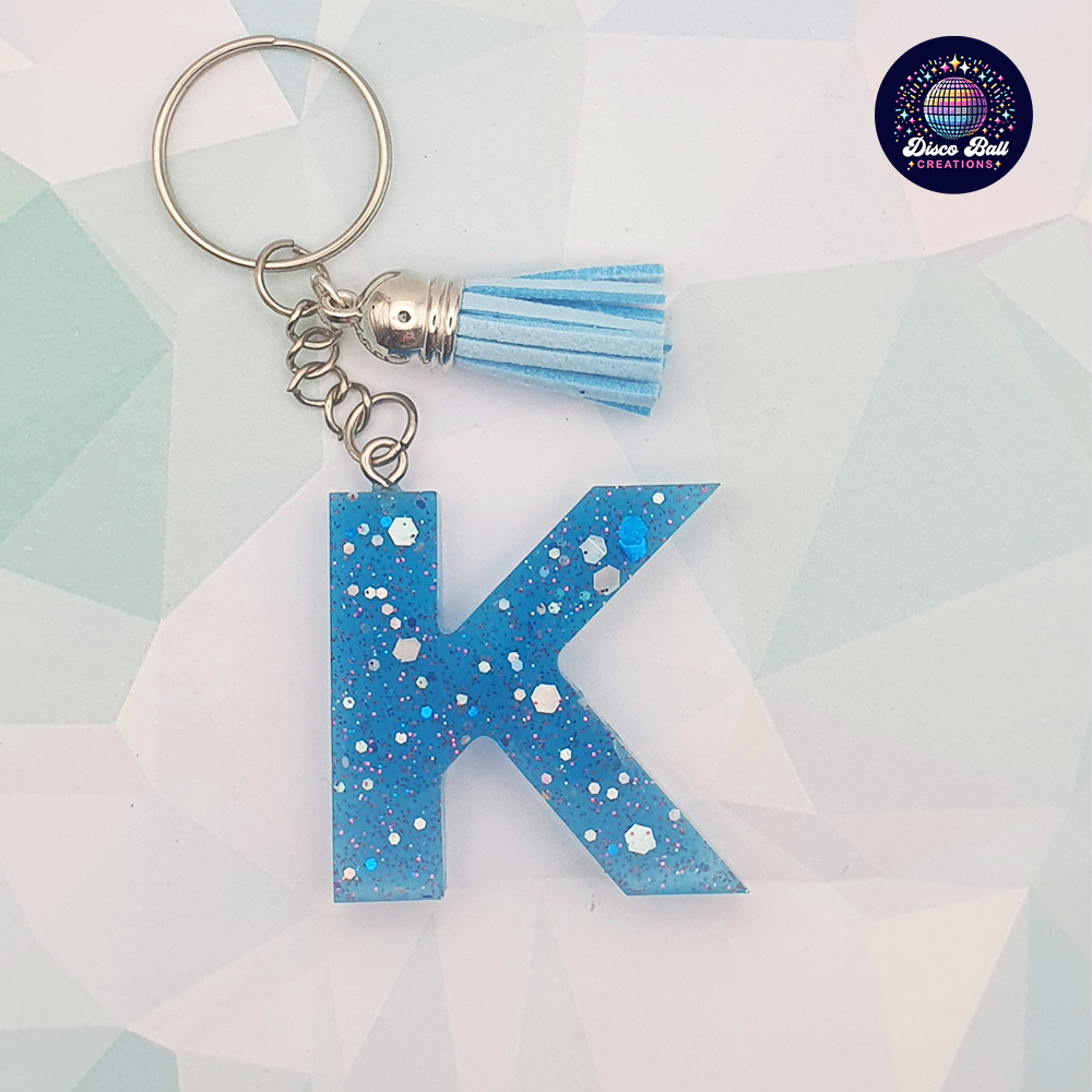 Glitter Resin Initial Keyring A–F | Personalised Letter Keychain with Charm | Handmade Gift