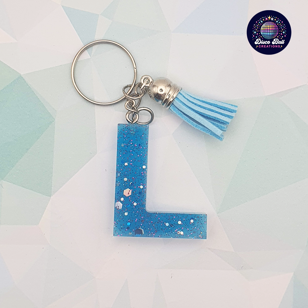 Glitter Resin Initial Keyring A–F | Personalised Letter Keychain with Charm | Handmade Gift