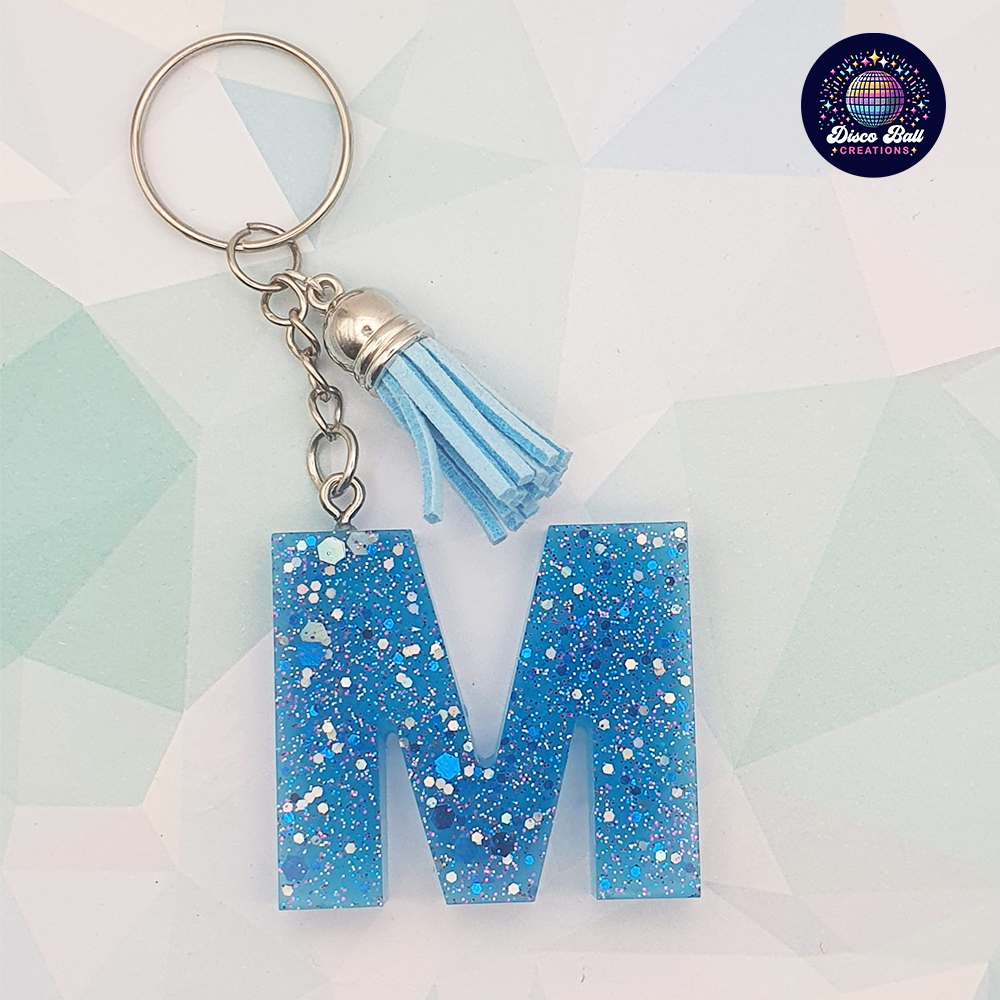 Glitter Resin Initial Keyring A–F | Personalised Letter Keychain with Charm | Handmade Gift