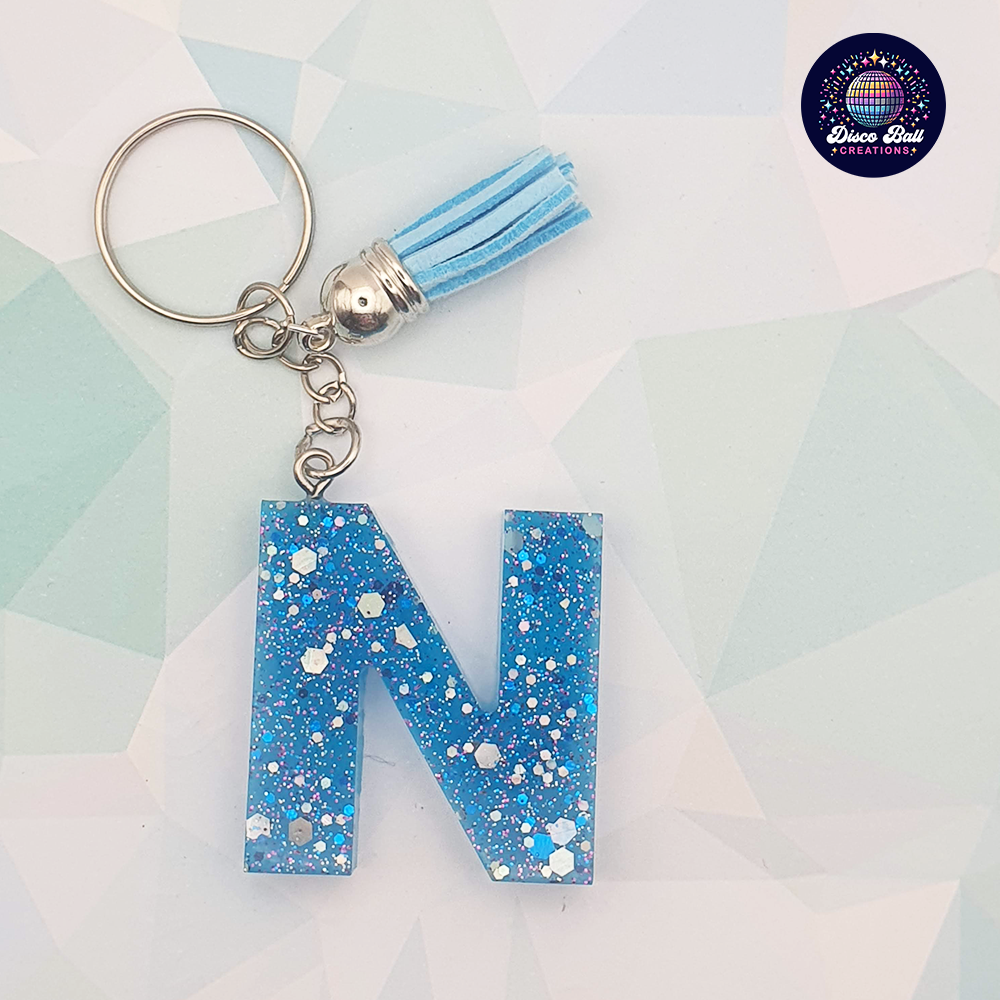 Glitter Resin Initial Keyring A–F | Personalised Letter Keychain with Charm | Handmade Gift