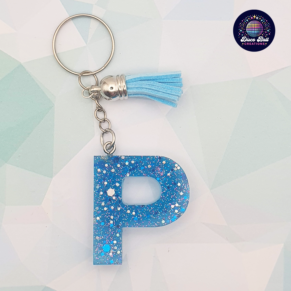 Glitter Resin Initial Keyring A–F | Personalised Letter Keychain with Charm | Handmade Gift