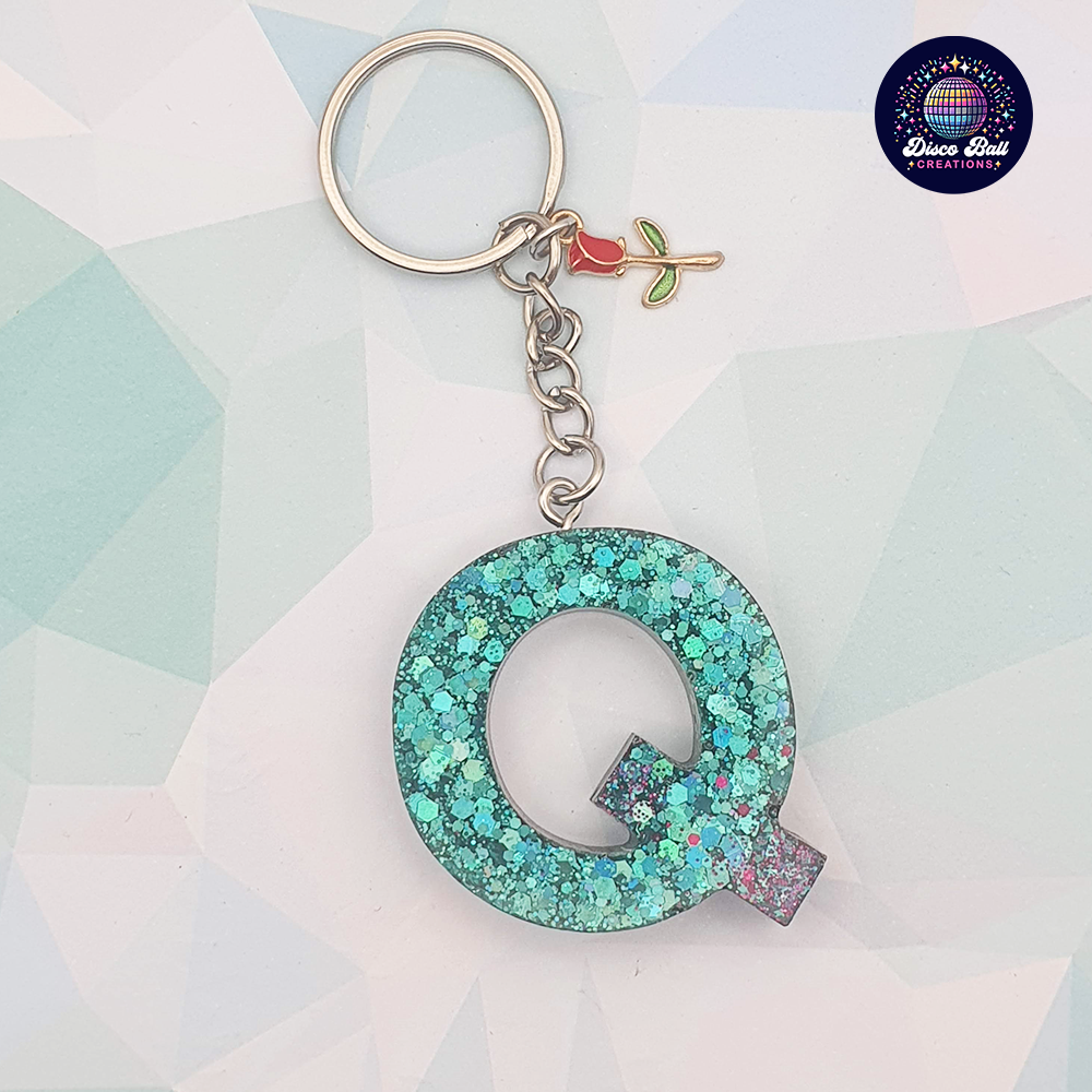 Glitter Resin Initial Keyring A–F | Personalised Letter Keychain with Charm | Handmade Gift