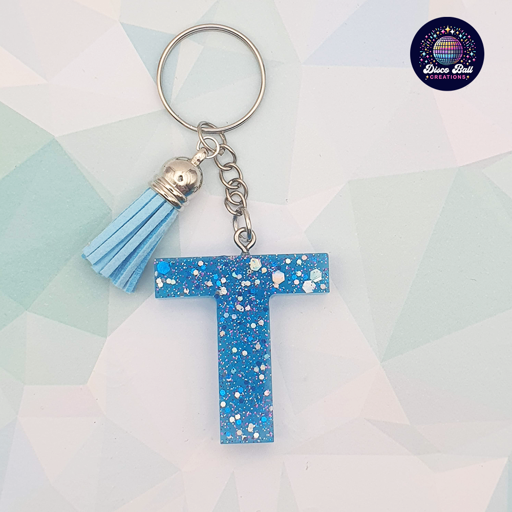 Glitter Resin Initial Keyring A–F | Personalised Letter Keychain with Charm | Handmade Gift