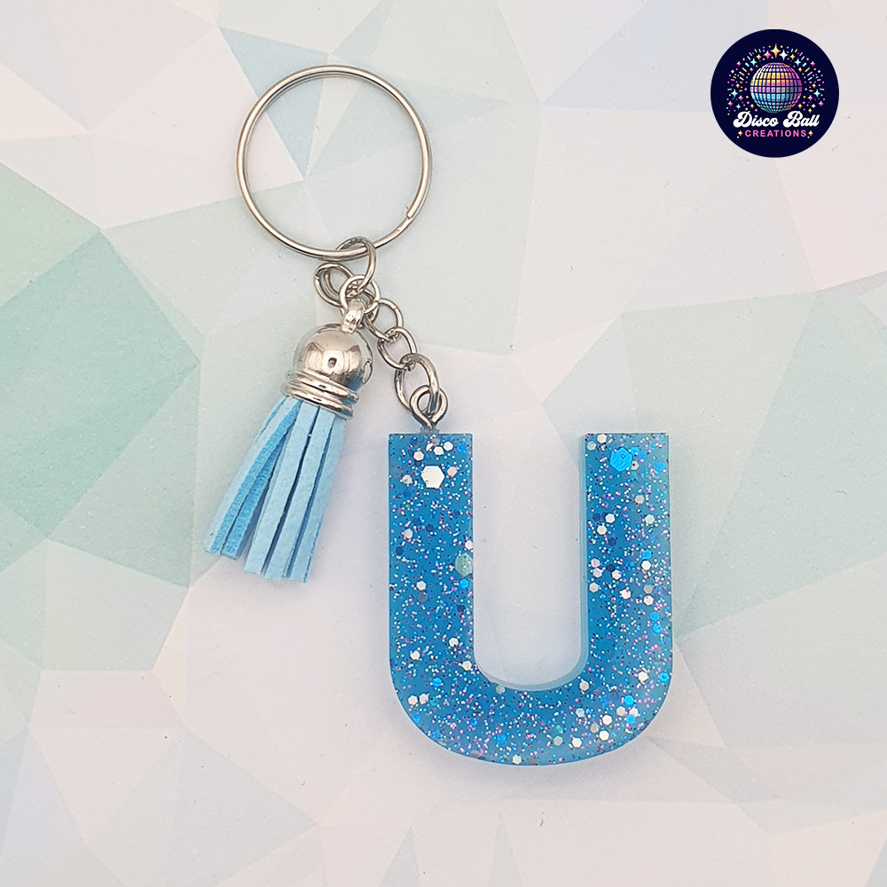 Glitter Resin Initial Keyring A–F | Personalised Letter Keychain with Charm | Handmade Gift