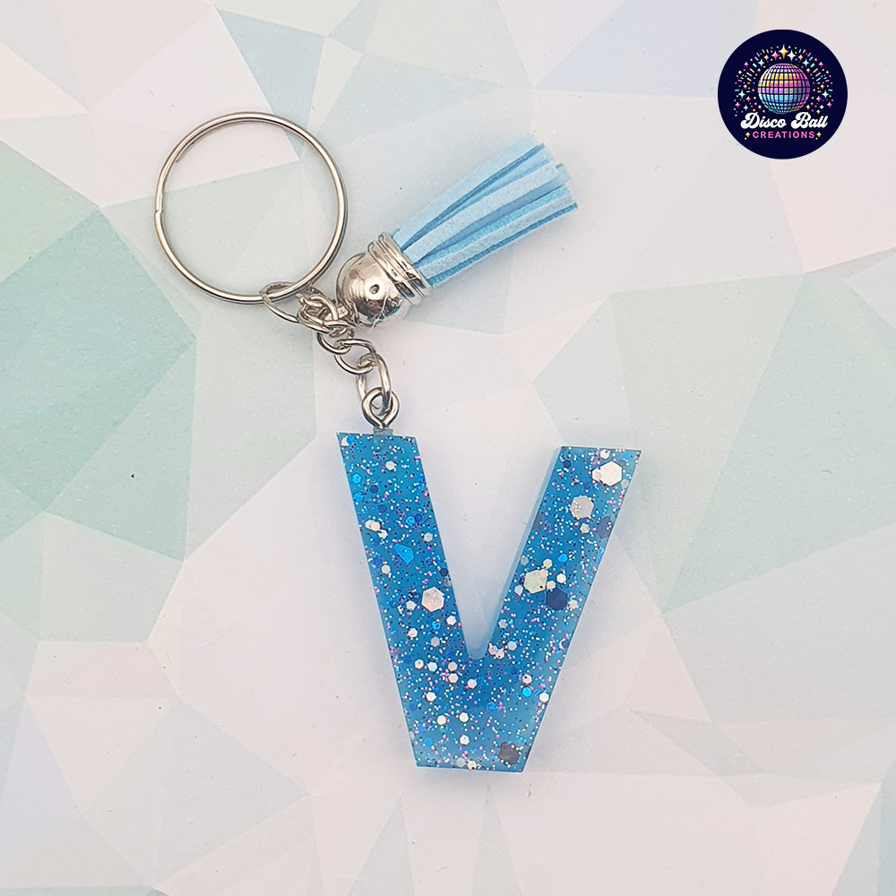 Glitter Resin Initial Keyring A–F | Personalised Letter Keychain with Charm | Handmade Gift