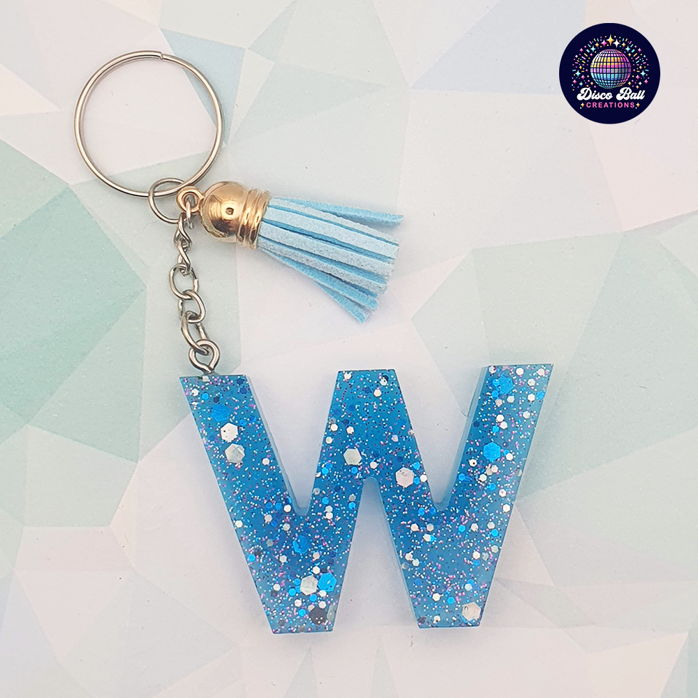 Glitter Resin Initial Keyring A–F | Personalised Letter Keychain with Charm | Handmade Gift