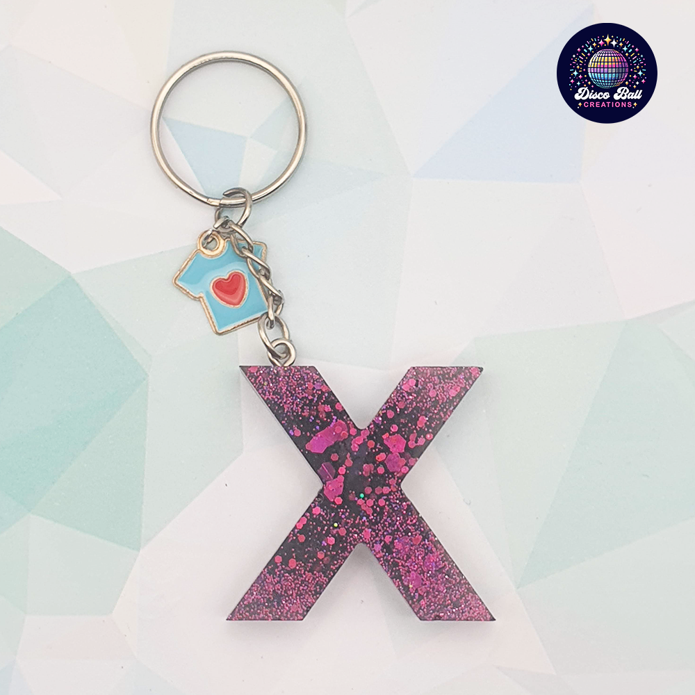Glitter Resin Initial Keyring A–F | Personalised Letter Keychain with Charm | Handmade Gift