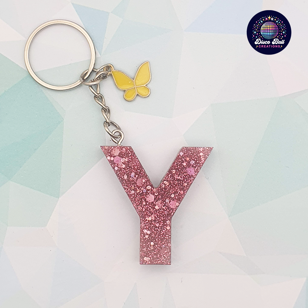 Glitter Resin Initial Keyring A–F | Personalised Letter Keychain with Charm | Handmade Gift