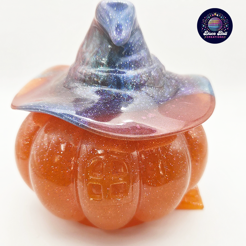 Enchanted Pumpkin Pot with Witch Hat | Glitter Resin Halloween Decor | Unique Trinket Jar