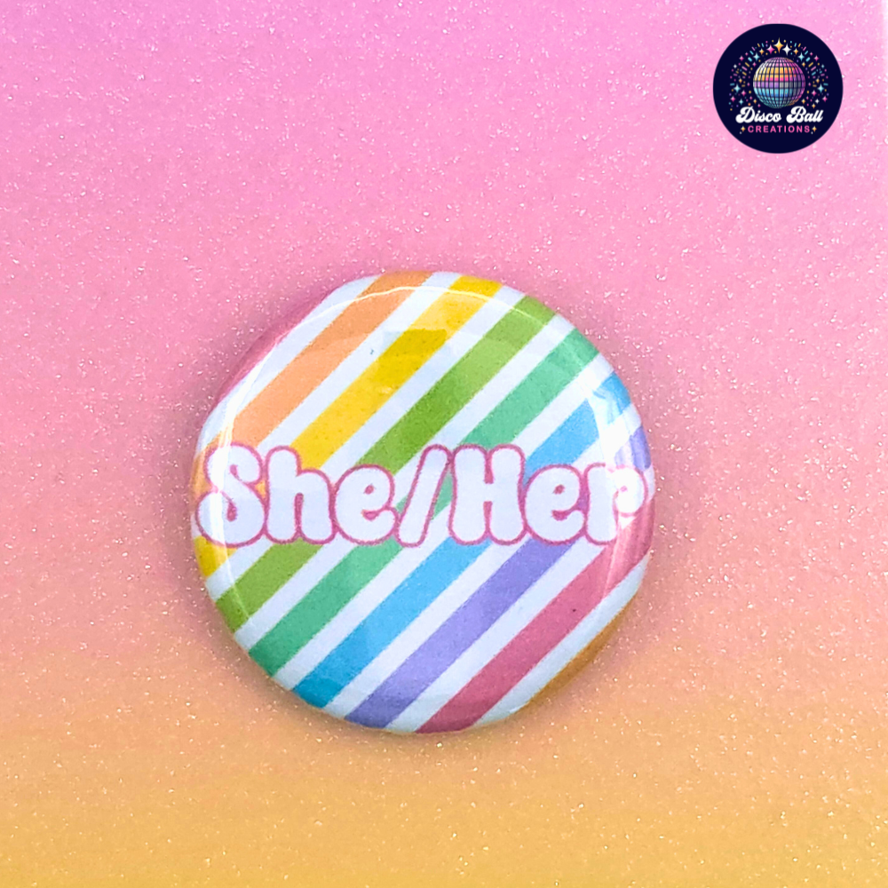 Rainbow Stripe Pronoun Button Badge - 32mm Pride Flag Pin - She Her He Him They Them Xe Ze Fae - LGBTQ+ Identity Accessory