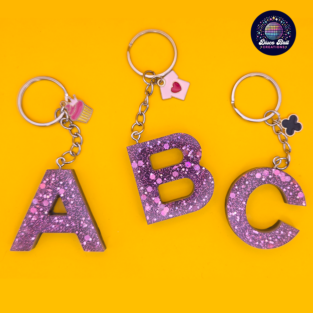 Glitter Resin Initial Keyring A–F | Personalised Letter Keychain with Charm | Handmade Gift