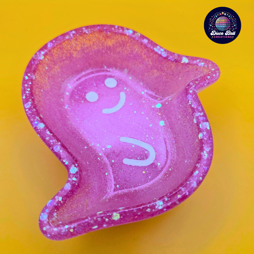 Small Whimsical Glitter Ghost Trinket Dish - Happy Ghost Desk Décor