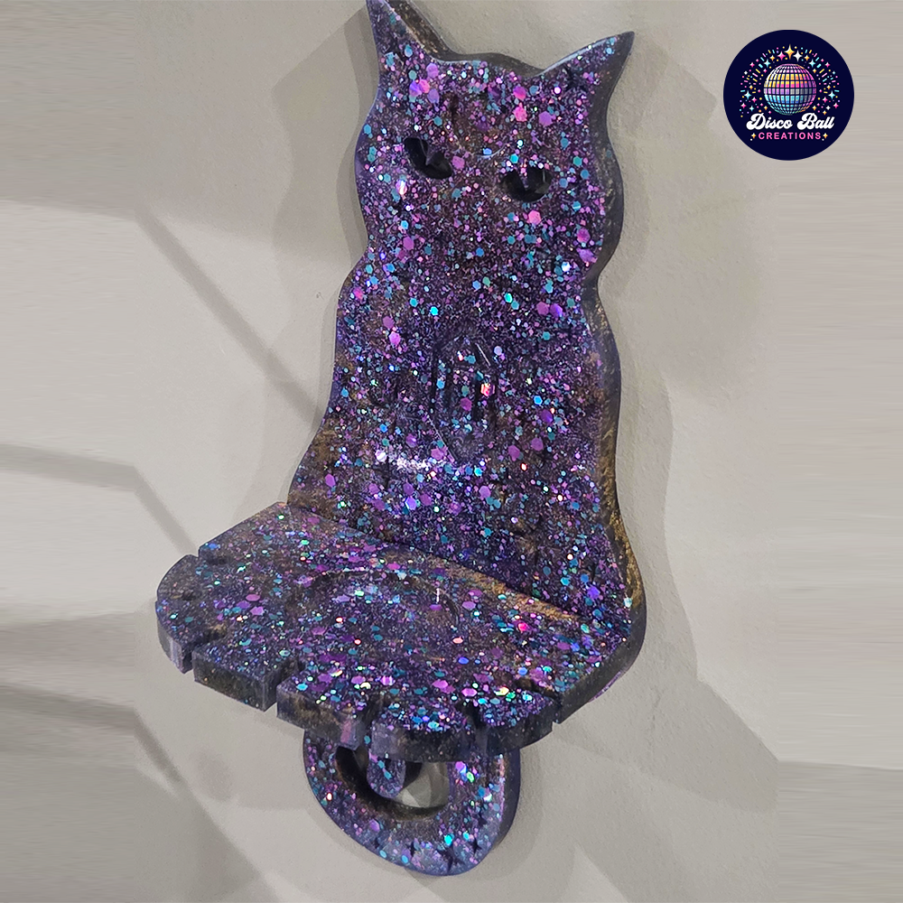 Glitter Cat Wall Shelf | Unique Purple Resin Decor | Handmade Cat Lover Gift