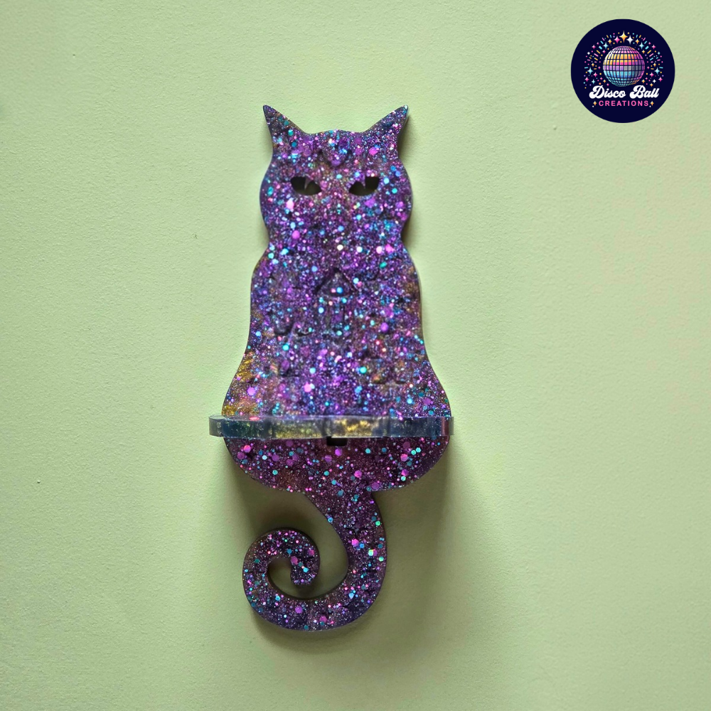 Glitter Cat Wall Shelf | Unique Purple Resin Decor | Handmade Cat Lover Gift