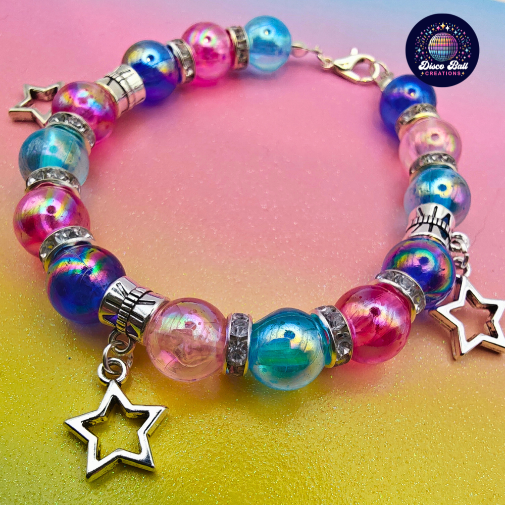 Cosmic Star Charm Beaded Bracelet – Celestial Iridescent Galaxy Jewellery