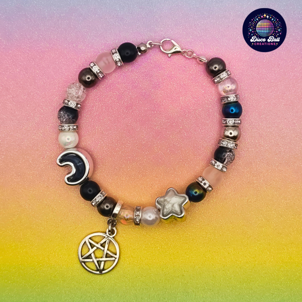 Celestial Pentagram Charm Bracelet – Witchy Whimsigoth Beaded Jewellery with Crescent Moon & Star