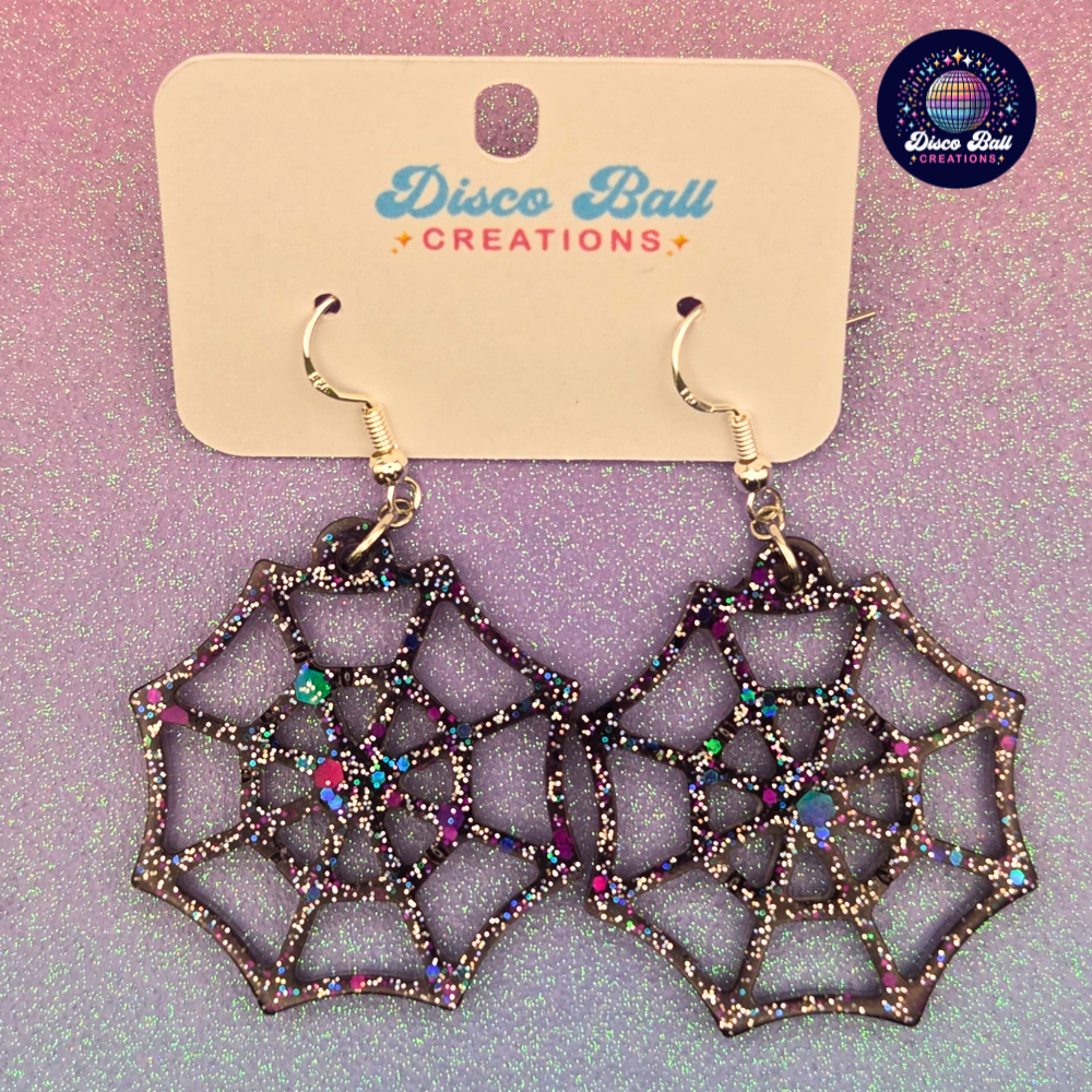Sparkle Spiderweb Earrings | Gothic Glitter Resin Jewellery | Handmade Halloween Accessories