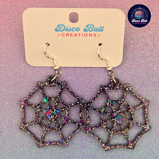 Sparkle Spiderweb Earrings | Gothic Glitter Resin Jewellery | Handmade Halloween Accessories