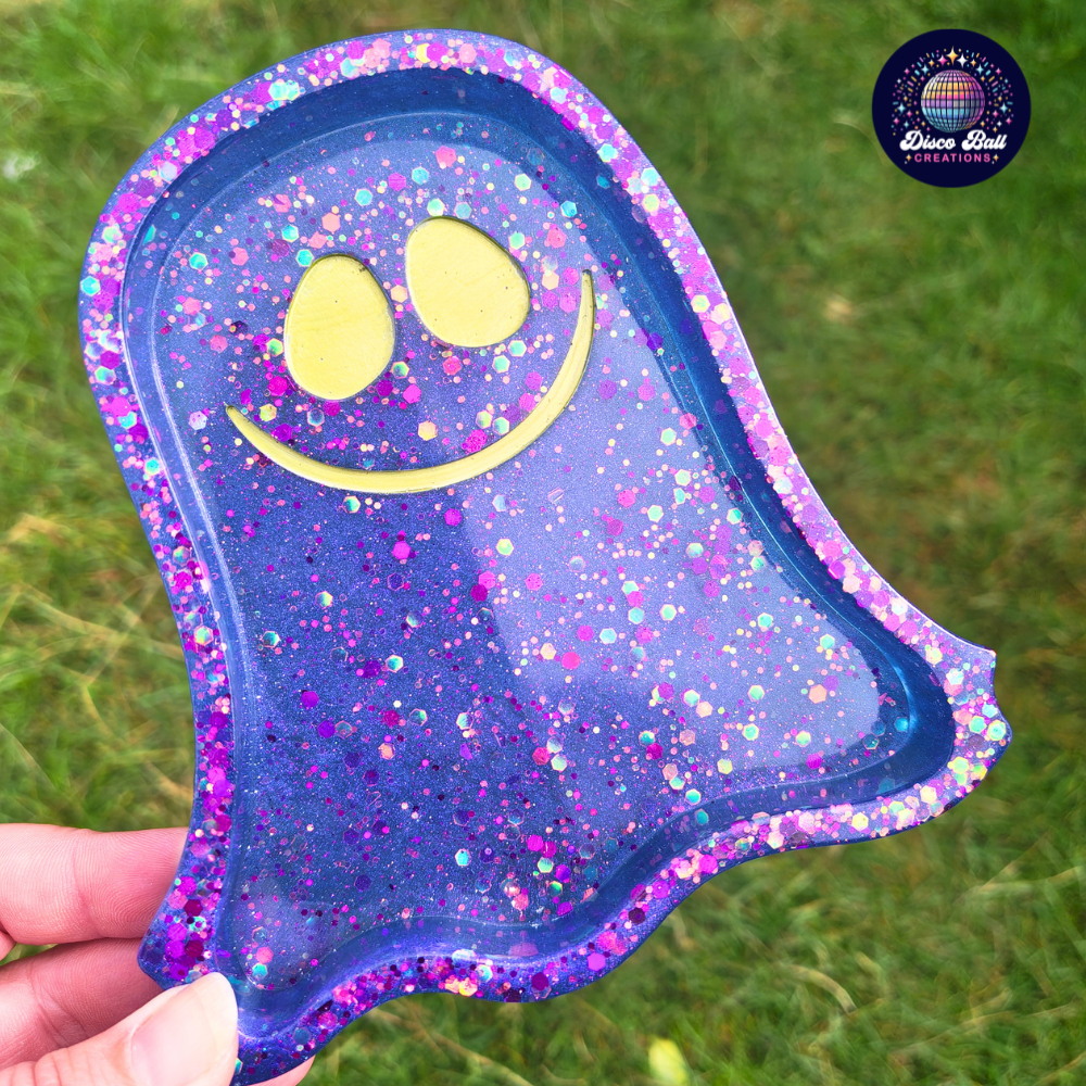 Happy Ghost Trinket Tray | Glitter Resin Catch-All Dish | Spooky Home Decor