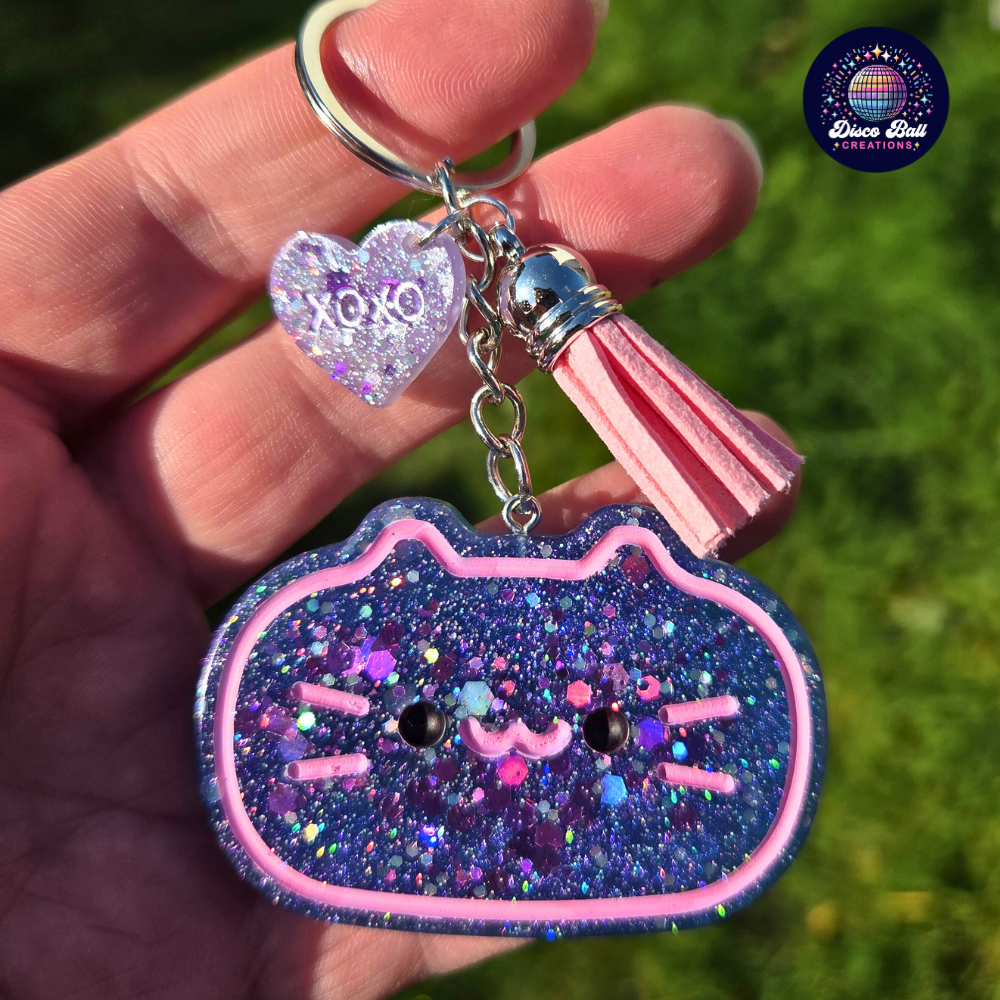 Sparkly Kawaii Cat Resin Keyring | Glitter Kitty Bag Charm | Kawaii Cat Keyrings | Glitter Keychains for Cat Lovers