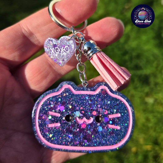 Sparkly Kawaii Cat Resin Keyring | Glitter Kitty Bag Charm | Kawaii Cat Keyrings | Glitter Keychains for Cat Lovers