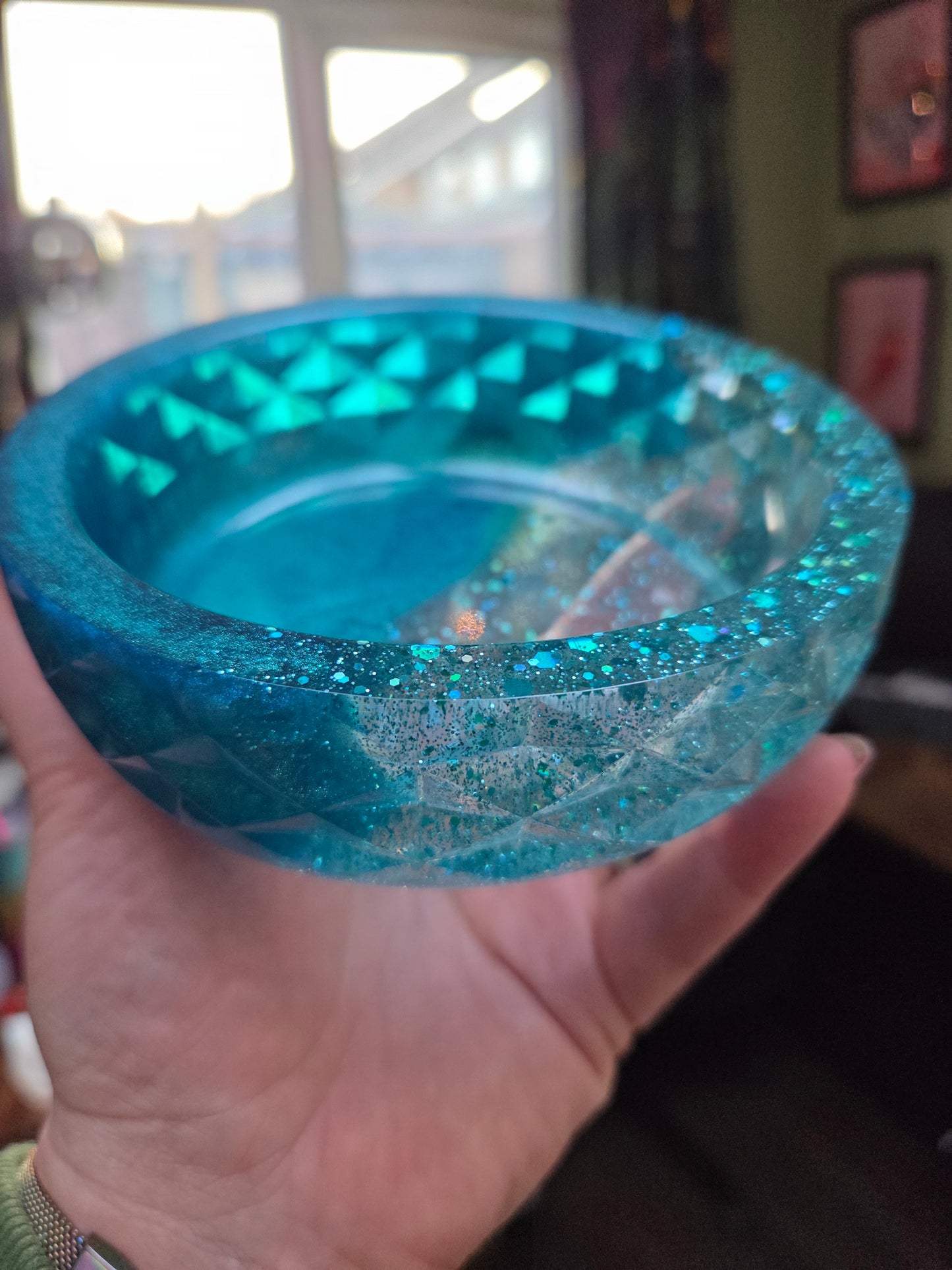 Shimmering Teal & Glitter Resin Geometric Bowl