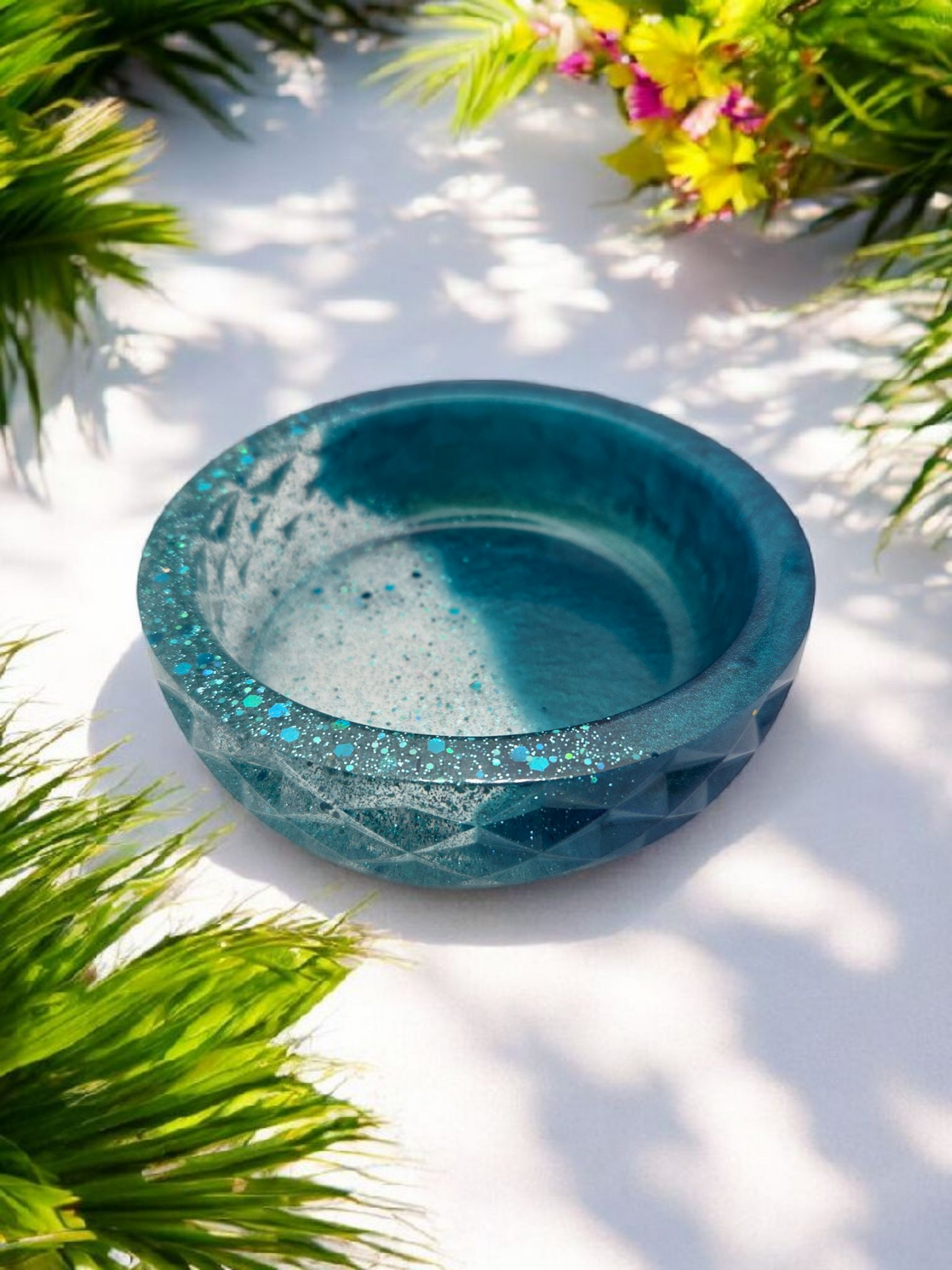 Shimmering Teal & Glitter Resin Geometric Bowl