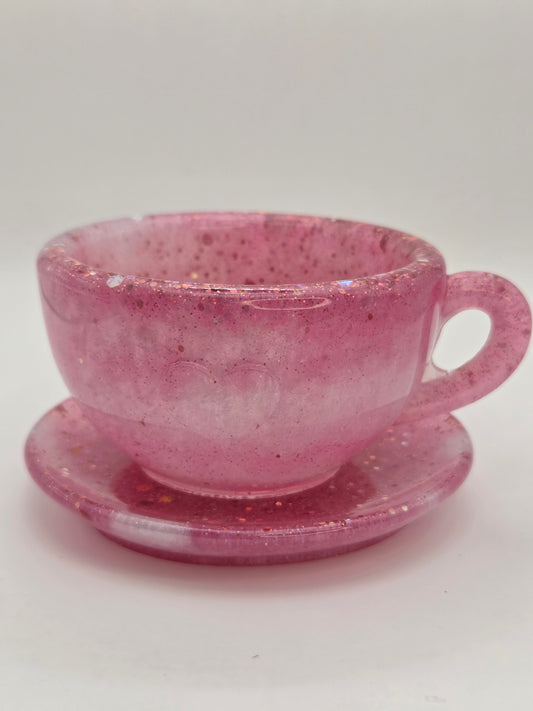 Pink Glitter Resin Teacup Tea Light Holder – Decorative Candle Holder & Trinket Dish