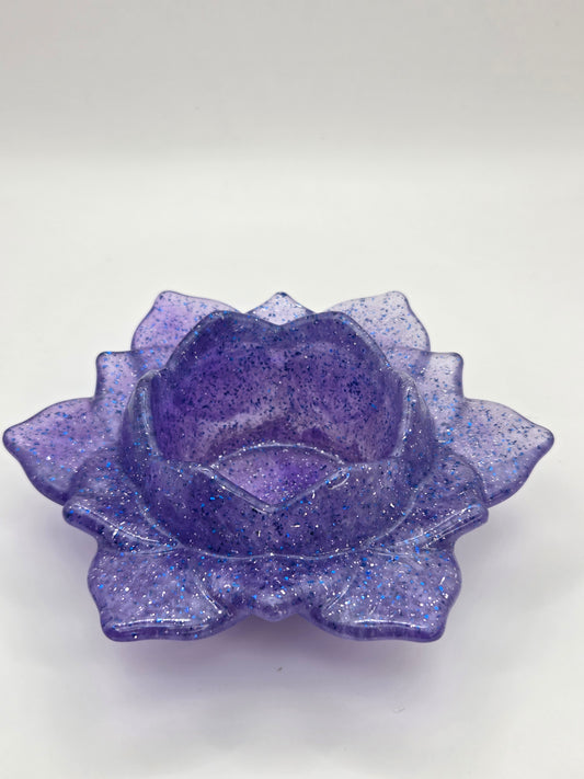 Purple Glitter Resin Lotus Tea Light Holder – Decorative Candle Holder & Trinket Dish