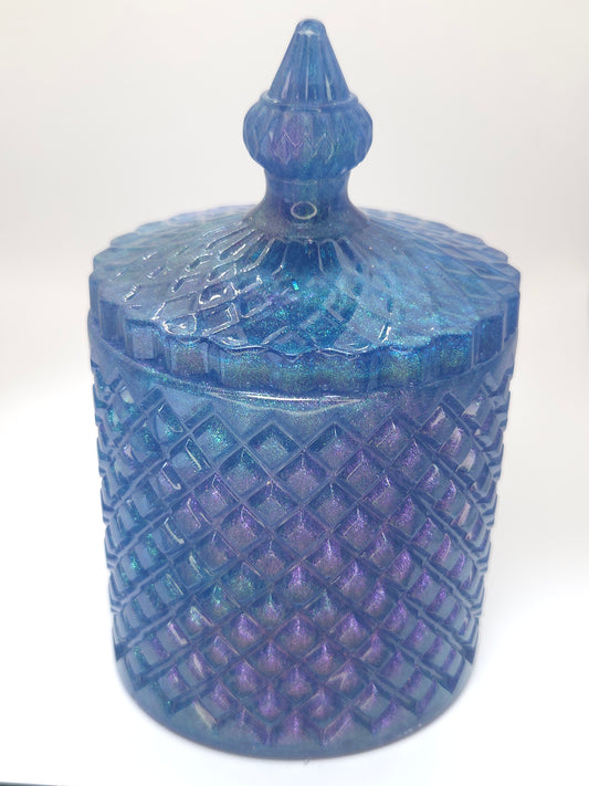 Iridescent Blue & Purple Resin Jar with Lid – Vintage-Inspired Decorative Storage Container