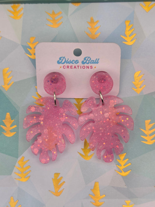 Pink Glitter Monstera Leaf Earrings – Tropical Resin Statement Studs
