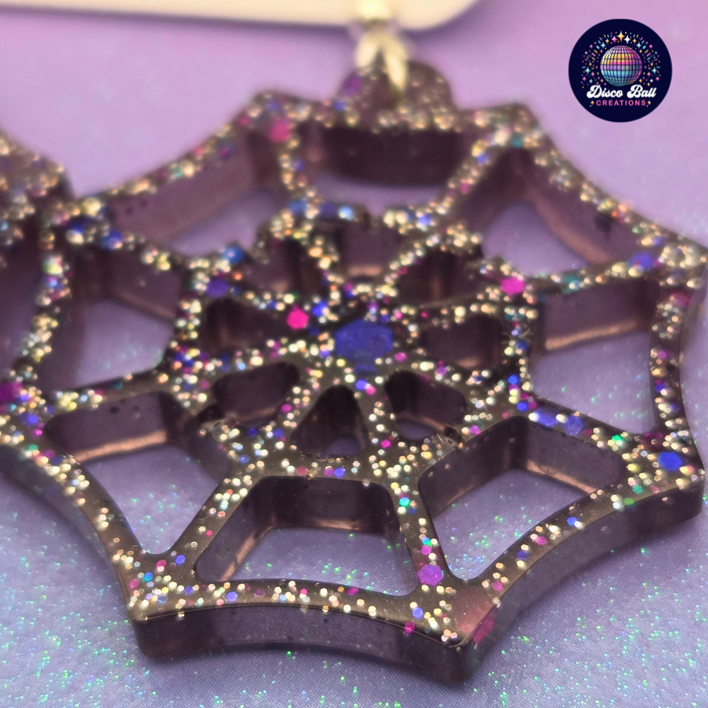 Sparkle Spiderweb Earrings | Gothic Glitter Resin Jewellery | Handmade Halloween Accessories