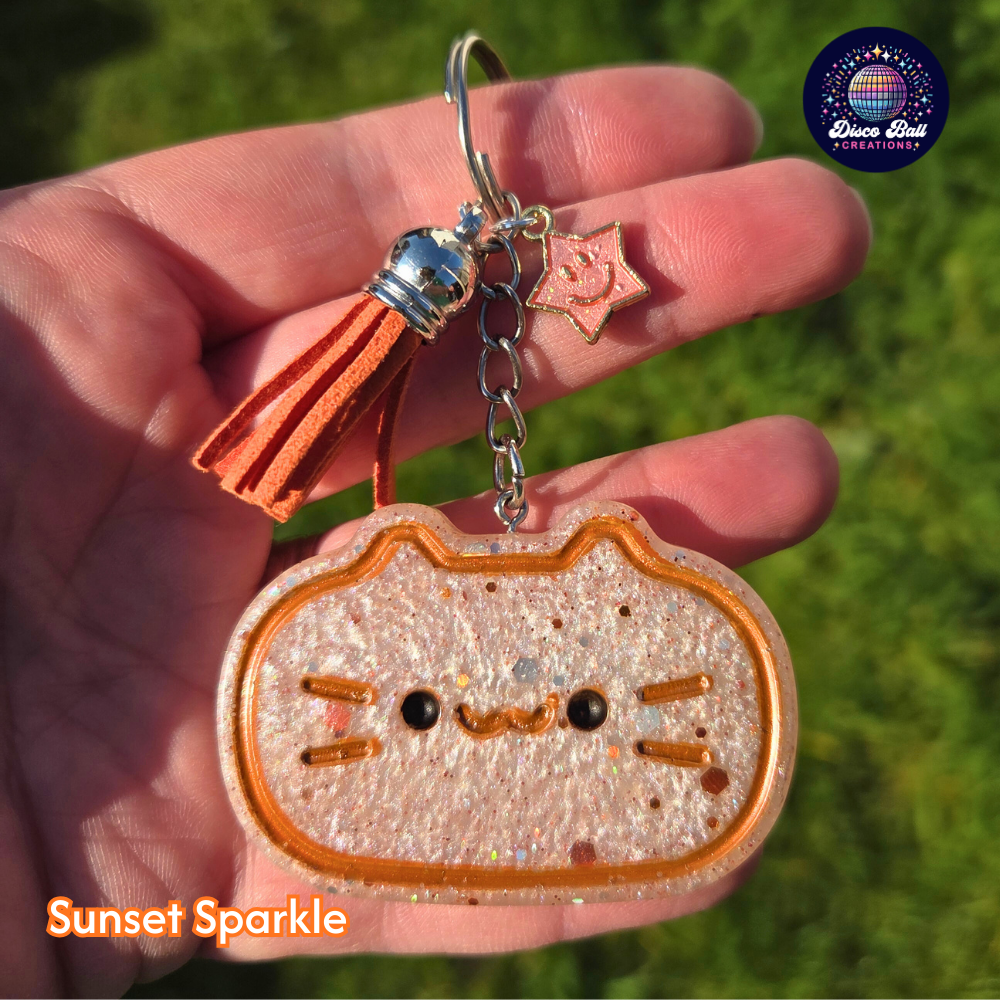 Sparkly Kawaii Cat Resin Keyring | Glitter Kitty Bag Charm | Kawaii Cat Keyrings | Glitter Keychains for Cat Lovers