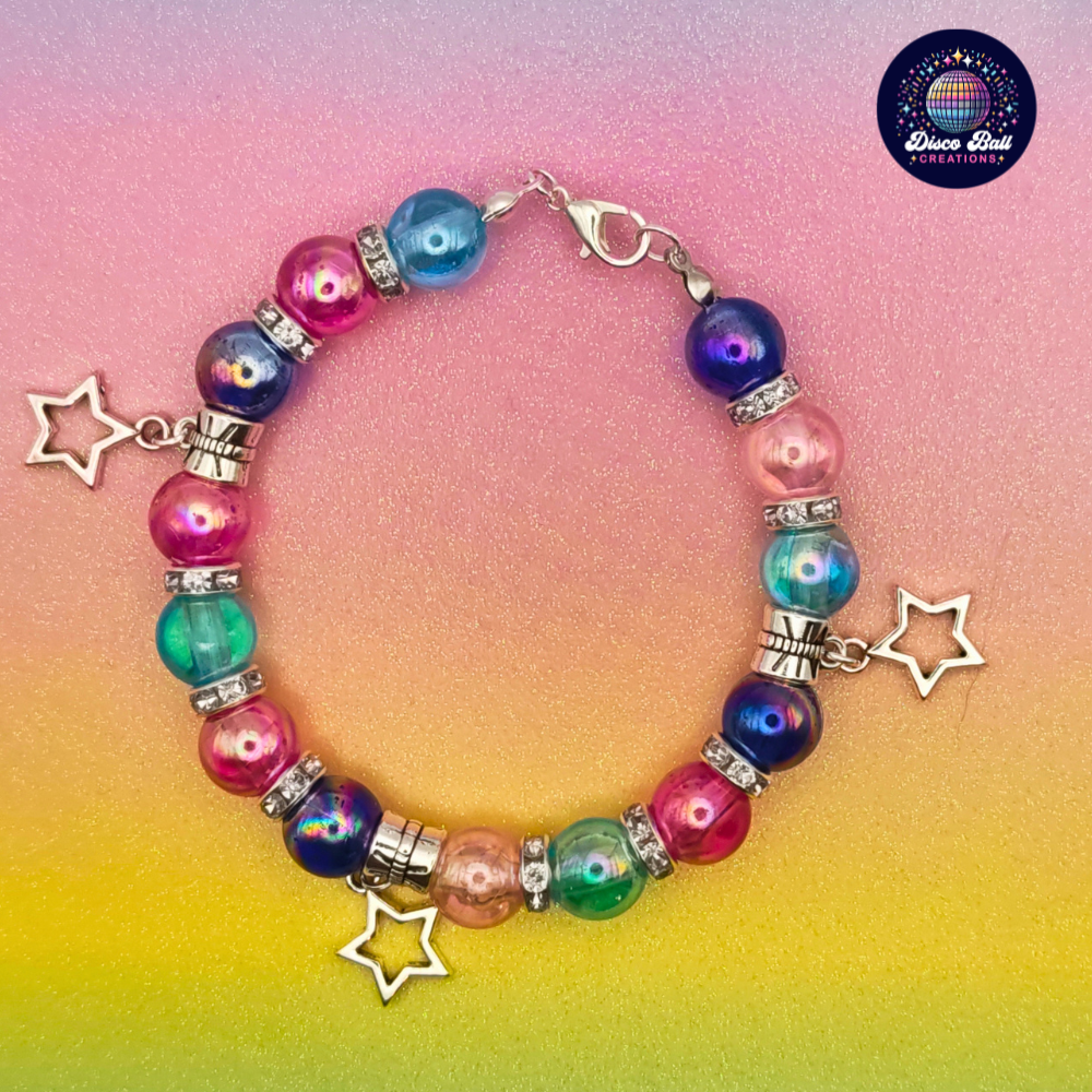 Cosmic Star Charm Beaded Bracelet – Celestial Iridescent Galaxy Jewellery