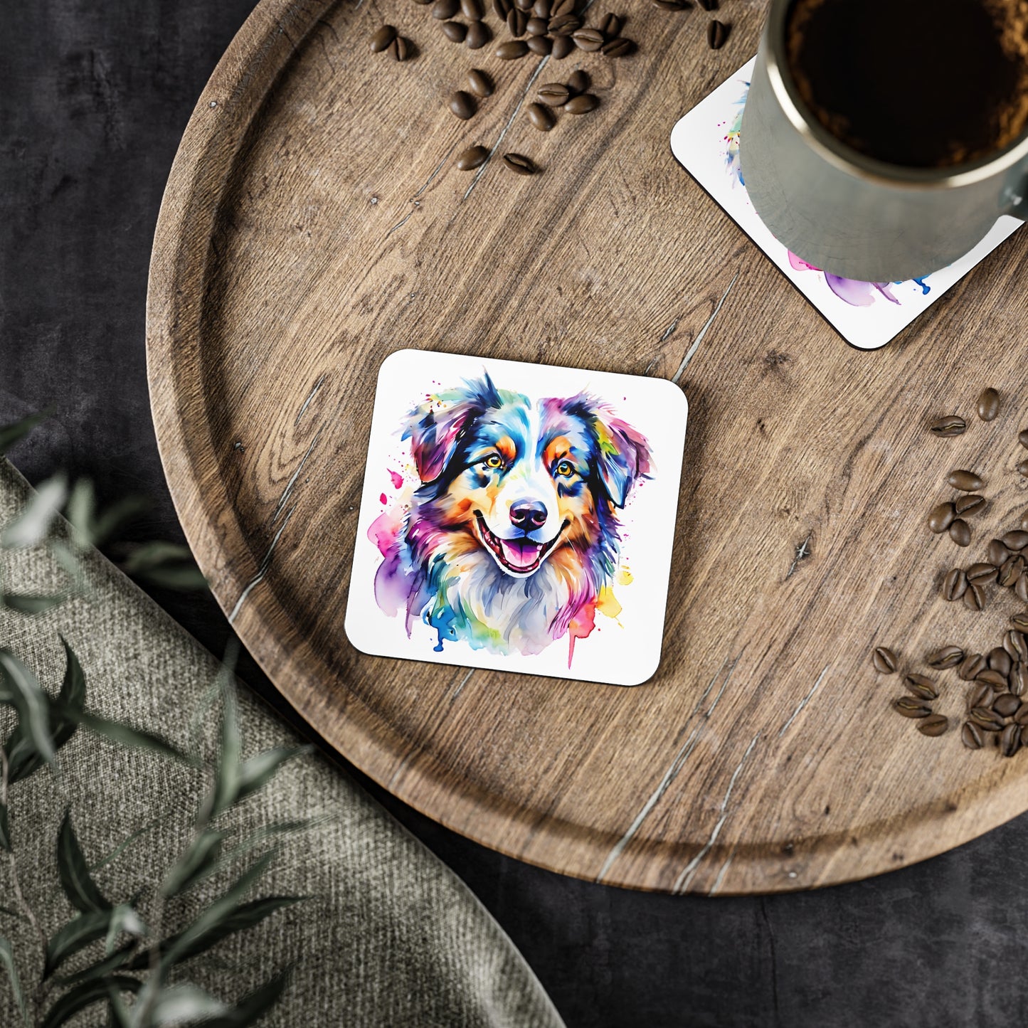 Australian Shepherd Coaster – Colourful Watercolour Dog Art Gift for Pet Lovers