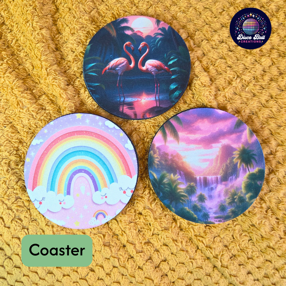 Three colorful coasters with nature-themed designs on a textured yellow surface.