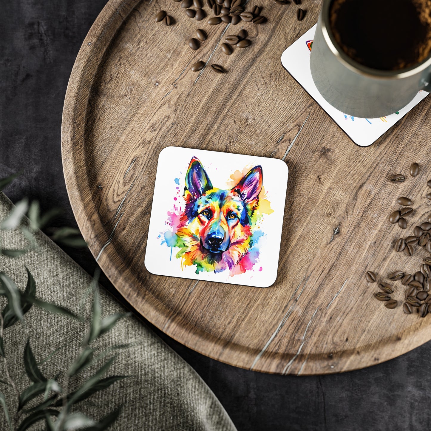 German Shepherd Alsatian Coaster – Colourful Watercolour Dog Art Gift for Dog Lovers