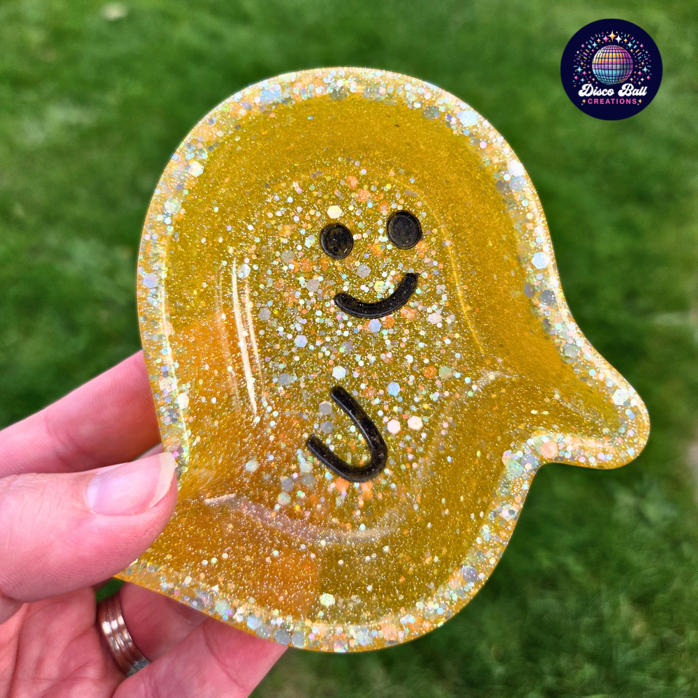 Small Whimsical Glitter Ghost Trinket Dish - Happy Ghost Desk Décor