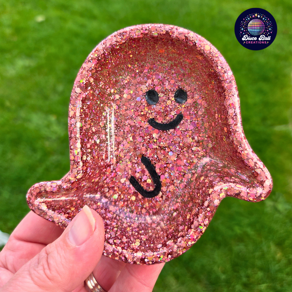Small Whimsical Glitter Ghost Trinket Dish - Happy Ghost Desk Décor